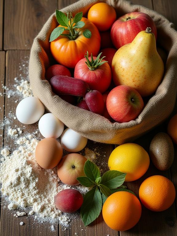 Composition artistique de produits frais et locaux : fruits de saison, sac de farine artisanale et œufs frais sur une table en bois.